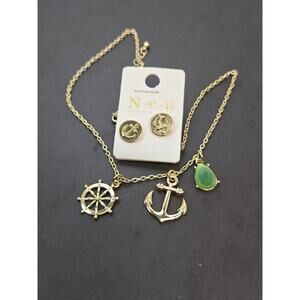 Ship Anchor Necklace & Earring Set W/ Green Gem Accent N.E.U. NWT